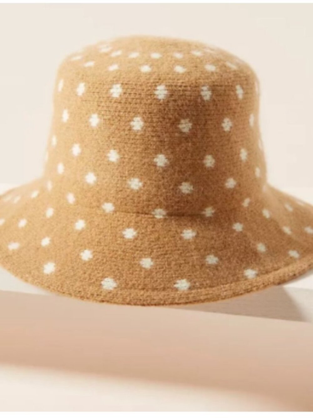 Anthropologie Finn Cozy Bucket Hat Cap Wool Blend Knit Polka Dot Dots Tan Taupe